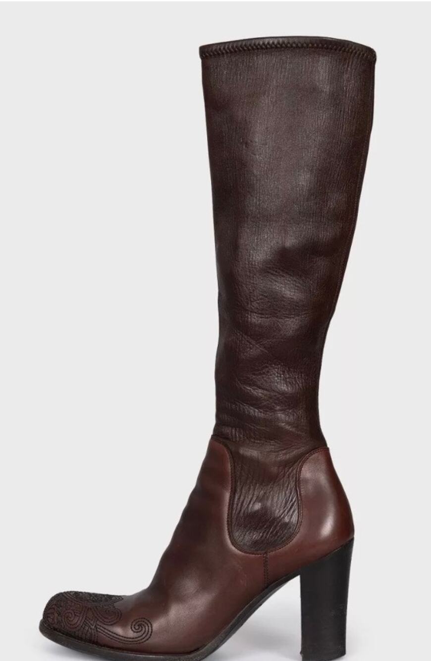 Prada Brown Leather Embroidered Toe Knee High Boots Size 35.5